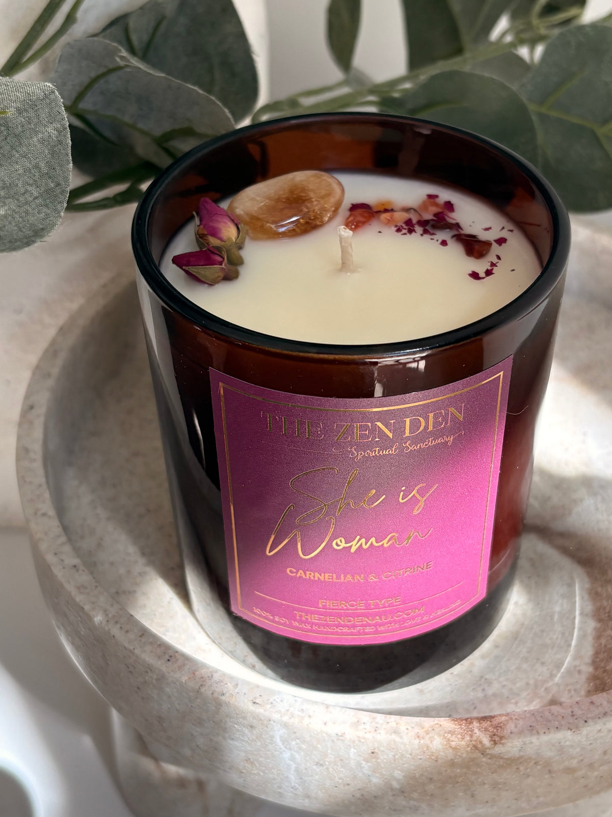 SHE IS WOMAN / Carnelian & Citrine Crystal Candle / Fragranced with Fierce